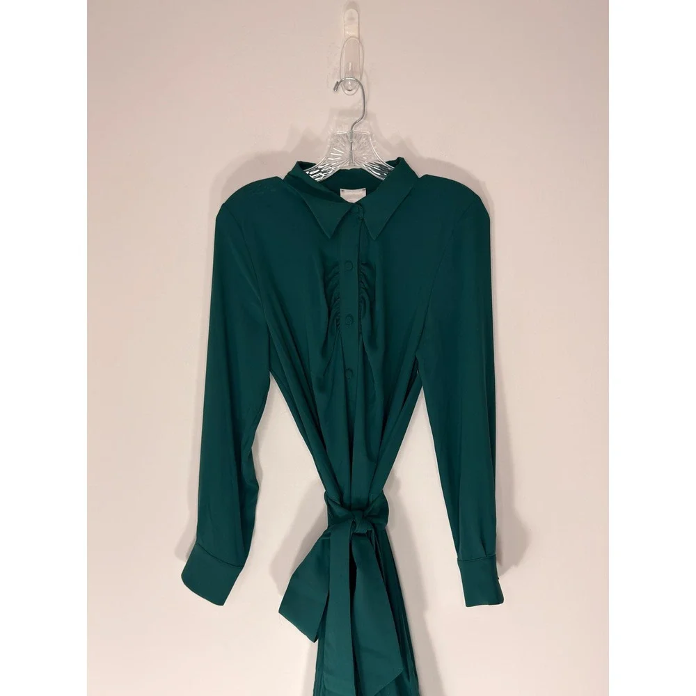Milva Mi Shirt Dress Green Pleated Long Sleeve Belter Classy Maxi Modest Medium‎